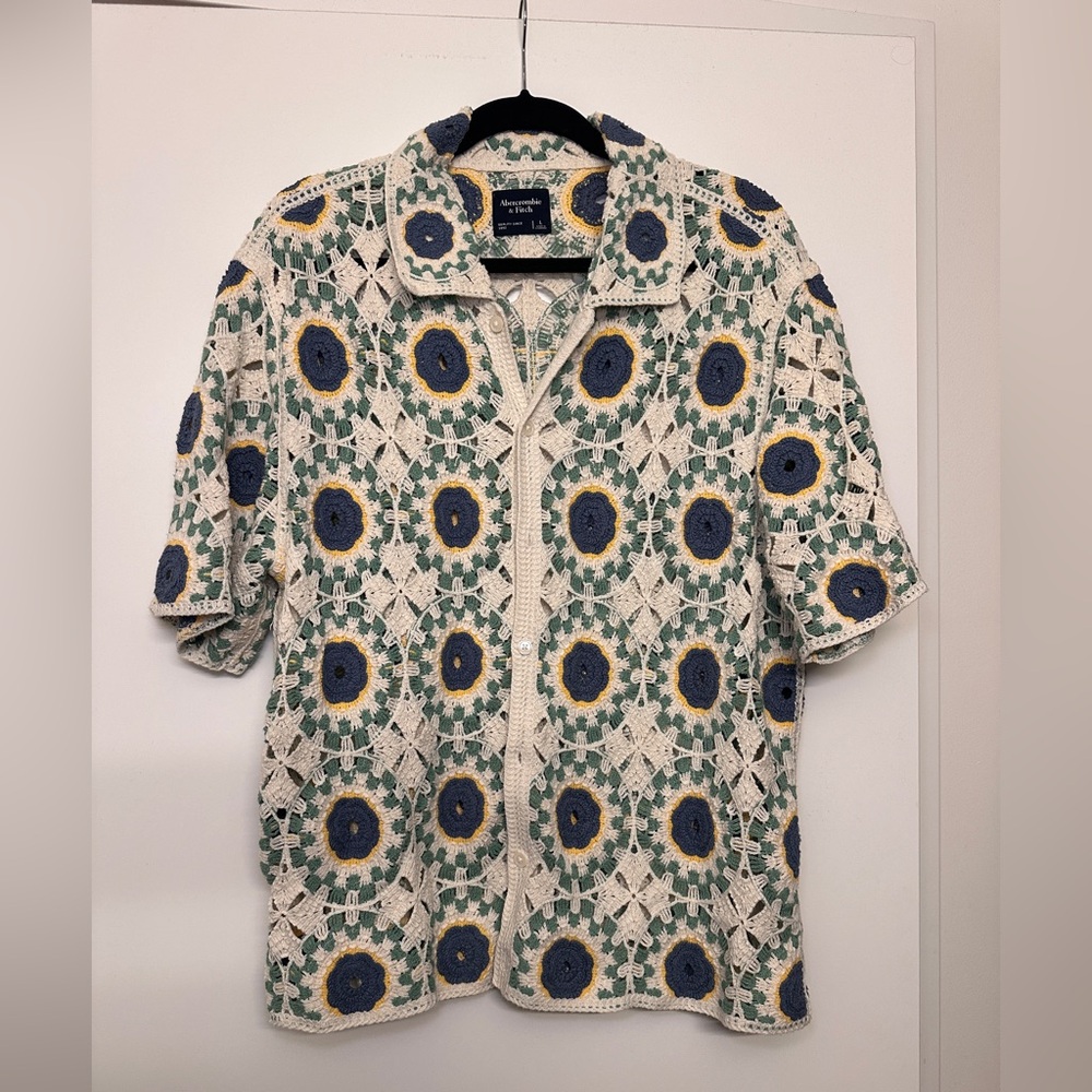 Abercrombie & Fitch Crochet Pattern Shirt - Cream, Blue, and Green